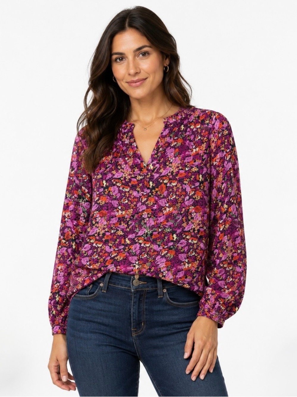 FRNCH PARIS | Pink Floral Split-Neck Ruffle Detail Top Blouse Sz. Small